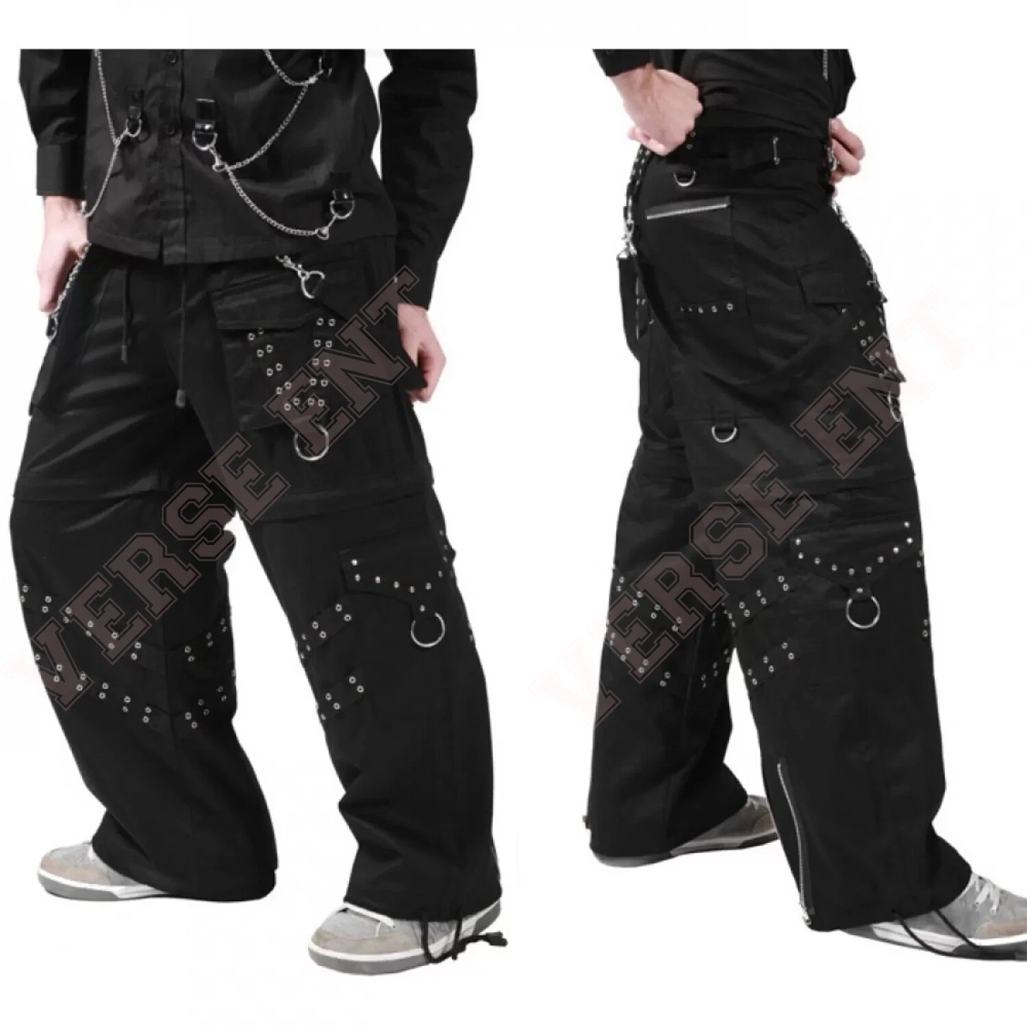Men's Gothic Black Pant Straps Bondage Cyber Punk Rock Pant Metal Studs Trousers