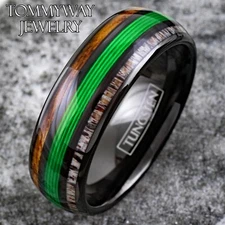 Black Tungsten Carbide Ring Green Fishing Line-Whiskey Barrel & Deer Antler Band