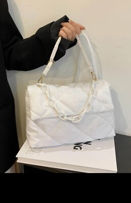 Yucurem Whitre Quilted Nylon with Chain Flap Bag Cross Body Shoulder Purse