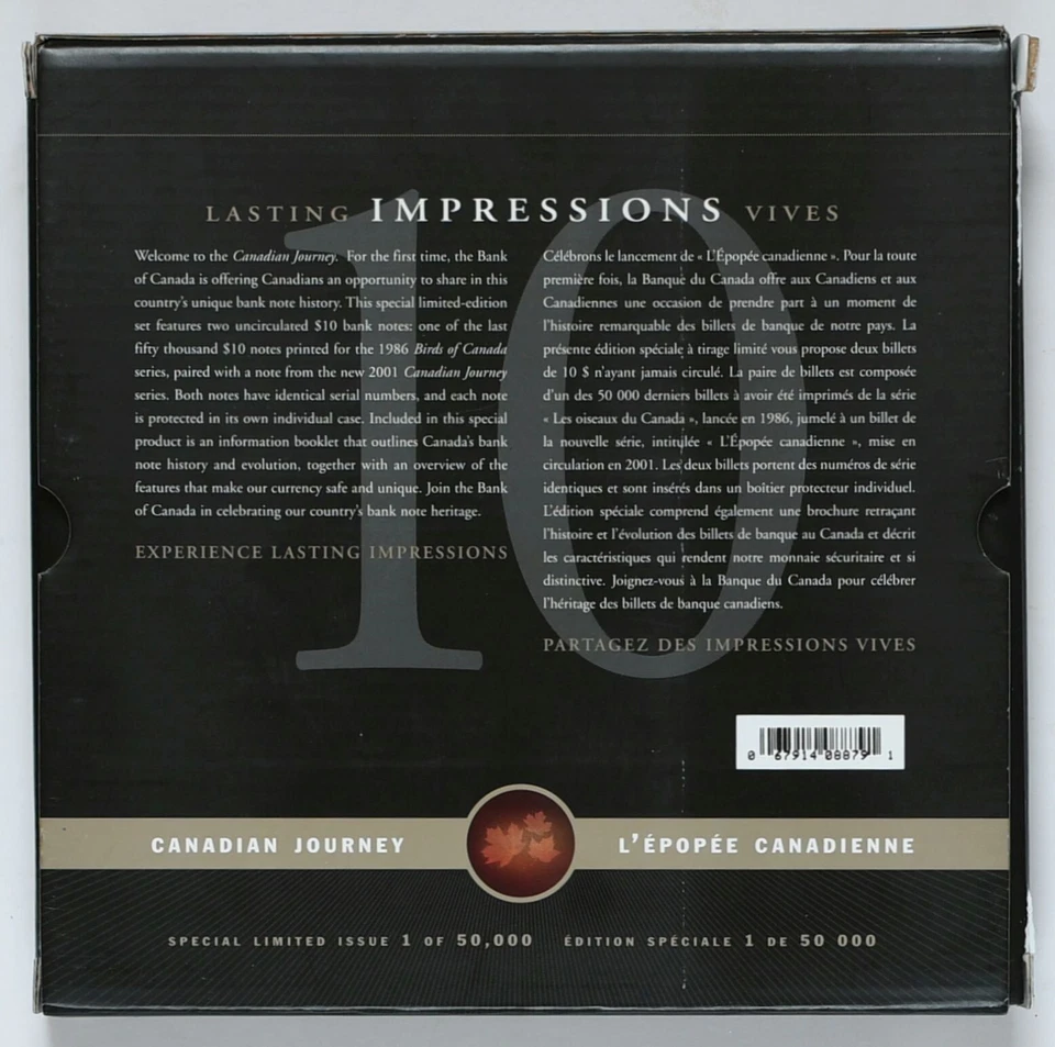 1986-2001 CANADA $10 Lasting Impressions Matching S/N's Banknote Collector's Set - Image 2 of 4