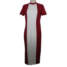 Shein Midi Dress Women Size M 6 Burgundy Red Color Block High Neck Short Sleeve