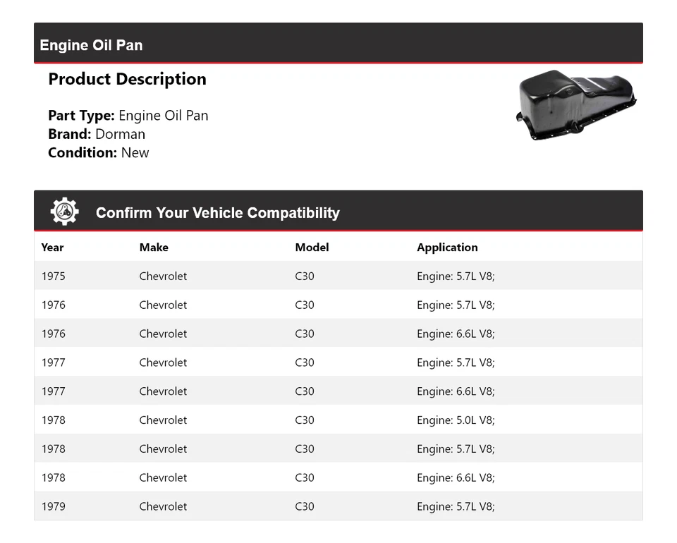 Para Chevrolet C30 Dorman 1975-1979 cárter de aceite del motor 1976 1977 1978 Foto 2 de 4