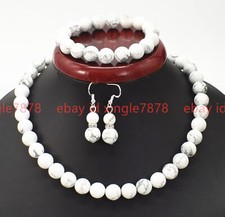 Genuine 8/10mm White Turquoise Round Gems Beads Necklace Bracelet Earrings Set
