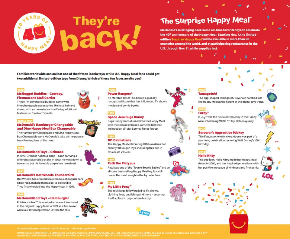 McDONALD'S 2019 40 aniversario retro retro Happy Food Toys se envía ahora Foto 2 de 3