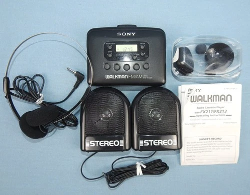 Sony Walkman Cassette Player WM-FX211, Headphones, Speakers, & Instructions