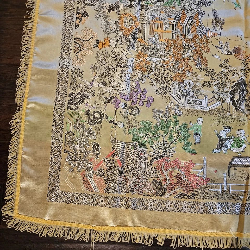 Cantonese Silk Brocade Tablecloth Wall Art 57"x76" Asian Cukture Loop Fringe - Image 3 of 4