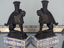 Maitland Smith Attr. Griffin Bookend/Candle Holders Cast Bronze w Porcelain Base