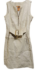 Tory Burch Dress Womens Sz 4 Sheath Beige Linen Blend Lined Sleeveless Gold Belt
