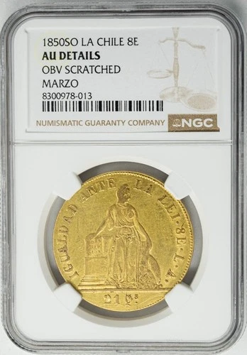 1850SO LA Chile Gold 8 Escudos .7614 AGW AU Details NGC 950610-12