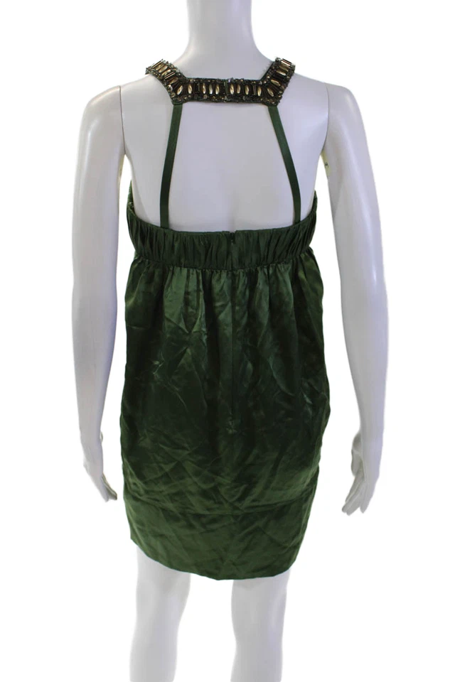 Vestido verde sin mangas Marc Bouwer Glamiti para mujer con cuentas de seda cuello halter talla 4 Foto 3 de 4