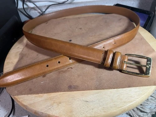 Allen Edmonds Tan Burnished Calf 44 Solid Brass Men Belt 24064 Size 38 USA