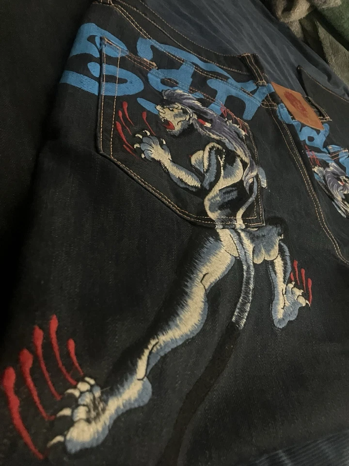 Jeans holgados vintage Ed Hardy Blue Panther bordados pierna ancha 2009 Foto 2 de 4
