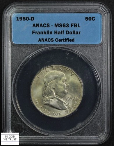 1950 D Full Bell Lines Franklin Silver Half Dollar 50C ANACS MS 63 FBL
