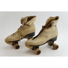 Chicago Roller Skate Co Roller Skates Size 8 Cream Leather Wood Wheels Fair