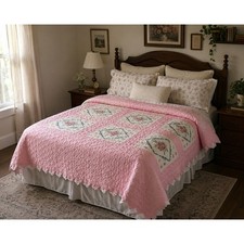 Vintage Hand Painted Floral Quilt Prairie Point Edge Cottagecore Queen 92 x 90