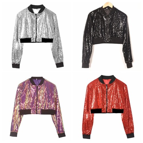 Damen Sparkle Glitzer Pailletten Kurze Jacke Langärmlig Reißverschluss Top-Party - Bild 5 von 29