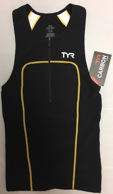 TYR Men's XS Black Gold White Triathlon Zip Front Singlet Tank Carbon USA New