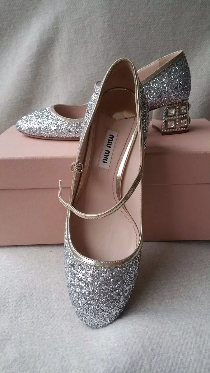 NIB Miu Miu Prada Glitter Mary Jane SIlver Pump 35.5 Jeweled Heel Crystal Shoes