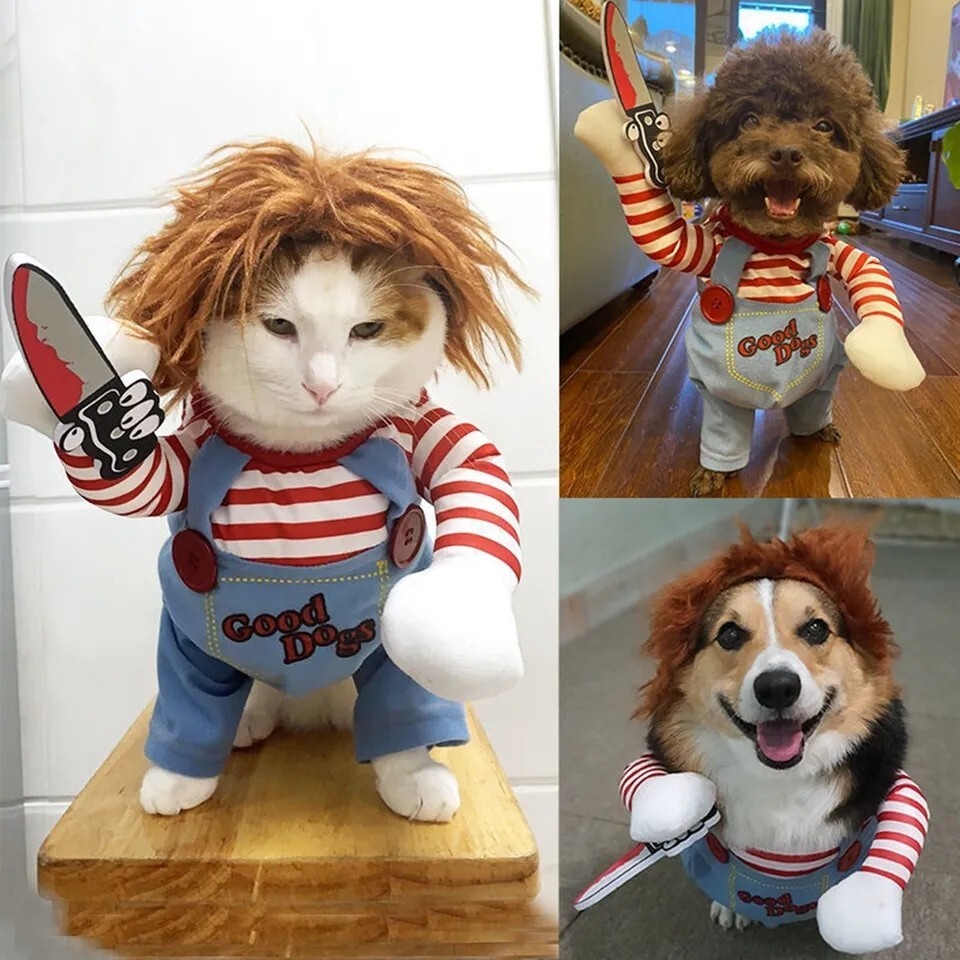 Costume Chucky chien et chat anti-stress en tissu extensible pour fête d'Halloween