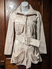 Ryu: Anthropologie Satiny Cream Ivory Trench Coat Midi Jacket Pleated Straps 2a