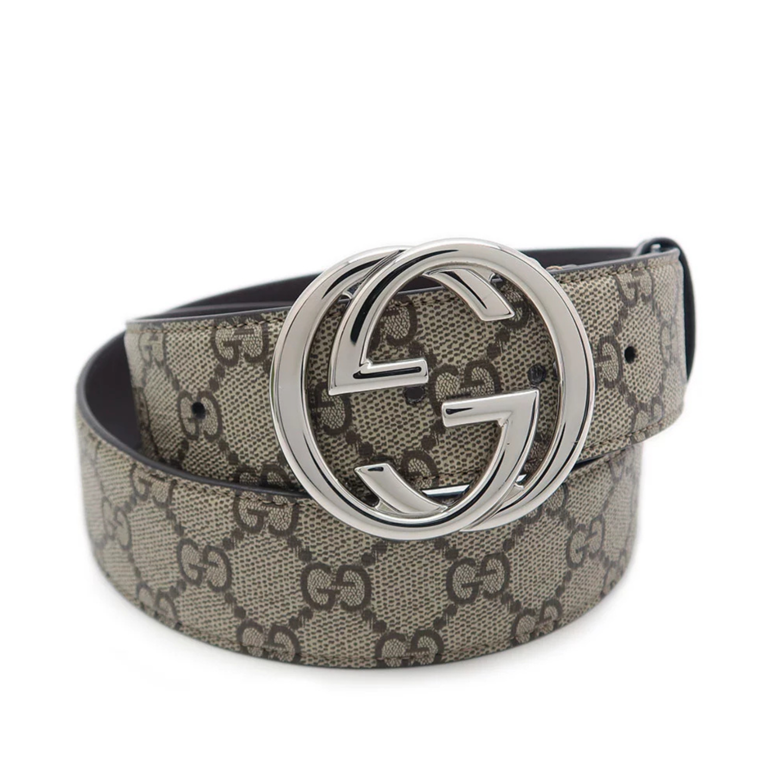 GUCCI GG Supreme Canvas Leather Belt with Interlocking G Buckle Beige White Auth