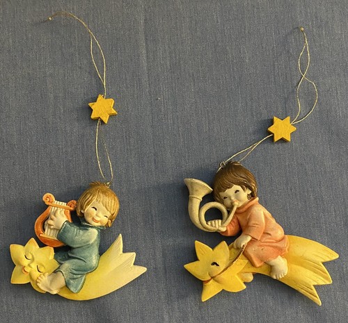 2 Anri Ferrandiz Shooting Star Christmas Ornament Girl Angel w/ Horn Harp Italy