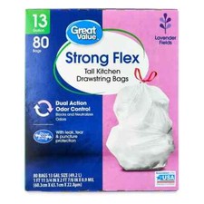 Great Value Strong Flex Tall Kitchen Drawstring Bags, Lavender Fields, 13 Gallon