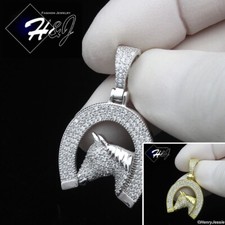 925 STERLING SILVER ICY CZ GOLD PLATED/SILVER HORSE HEAD HORSESHOE PENDANT SP439