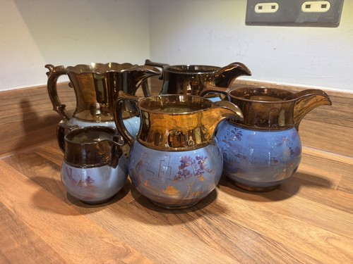 Antique Copper Lustre Jug with Blue & purple lustre painting X 5 - Picture 21 of 23
