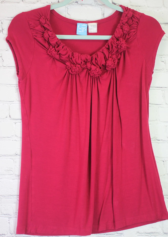 COOP Barneys New York Women M Red Stretch Knit Top Knotted Neck Detail Classic - Image 3 of 4
