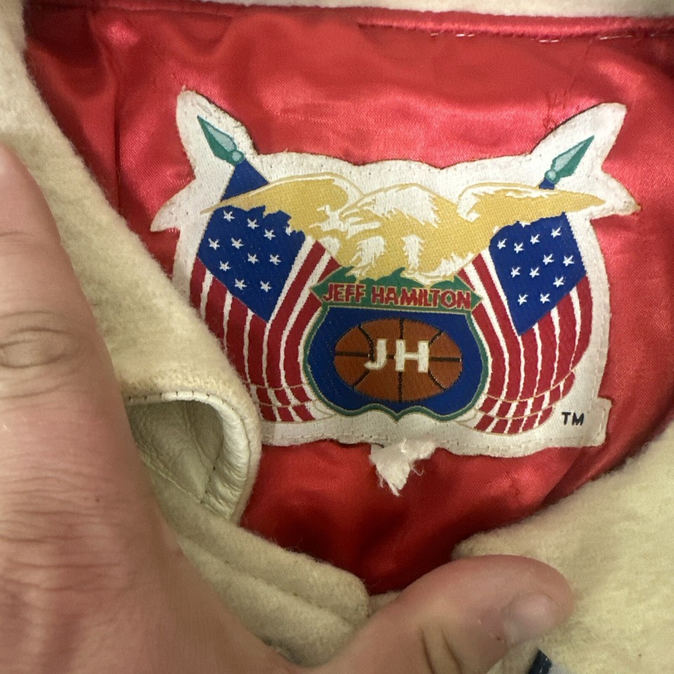 Jeff Hamilton NBA Teams Wool/Leather Jacket White Red Stitch Patch Sz