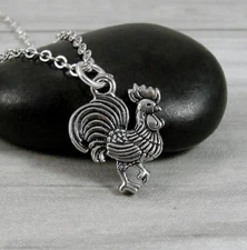 Silver Rooster Necklace - Rooster Charm - Hen Chicken Charm- Farm Animal Jewelry