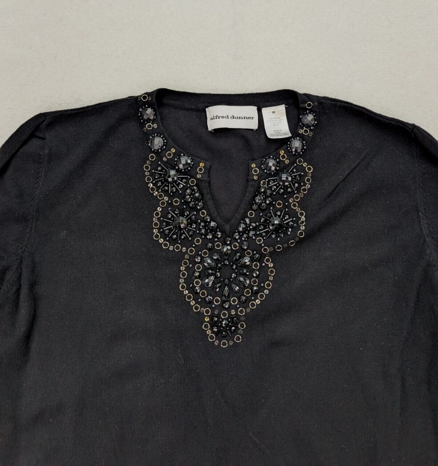 Suéter para mujer Alfred Dunner talla M negro manga 3/4 escote con cuentas Foto 3 de 4