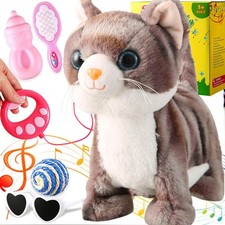 Grey Robotic Cat Toy for Kids Remote Control Walking Kitten for Girls with Le...