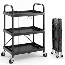 3-Tier Folding Utility Cart, Collapsible Service Cart with 4 Swivel Wheels  Bra
