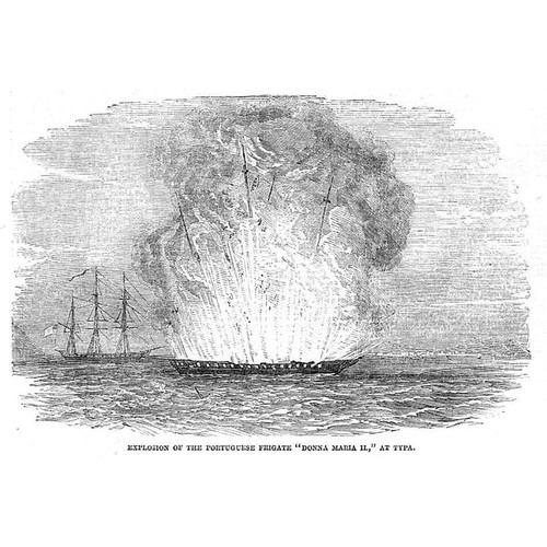 SHIP Explosion of the Portuguese Frigate, 'Donna Maria II' - Antique Print 1851