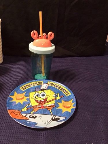 Vintage 2004 SpongeBob Squarepants Melamine Plastic Plate 8" & Crab Tumbler