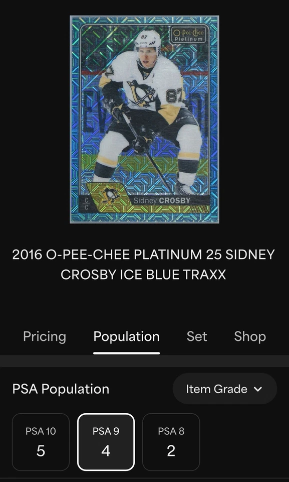 2016 POP 4👈O.P.C.PLATINUM🏒SIDNEY CROSBY *ICE BLUE TRAXX* #25 PSA 9👈RARE! - Image 3 of 3