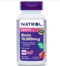 Natrol Biotin 10,000 mcg 250 Tablets, Fast Dissolve, Strawberry Flavor Nail Hair