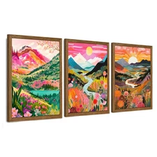 DUWQU 3 piece Colorful Watercolor Mountain Canvas Wall Art Boho Floral Painting