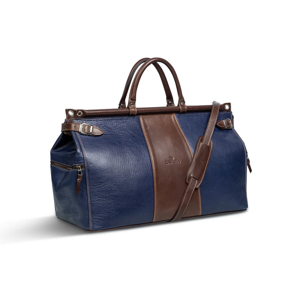 Cabrera Designer Leather Duffle Bag Blue Brown Weekend Travel Carry On - Image 3 of 4