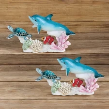 2-PC Gift Set 8.75"W Sea Turtle,Dolphin,Clownfish Swimming Around Coral Figurine