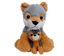 Wolf Stuffed Animal Plush Toy Holding Her Infant, Soft Wolf Toy