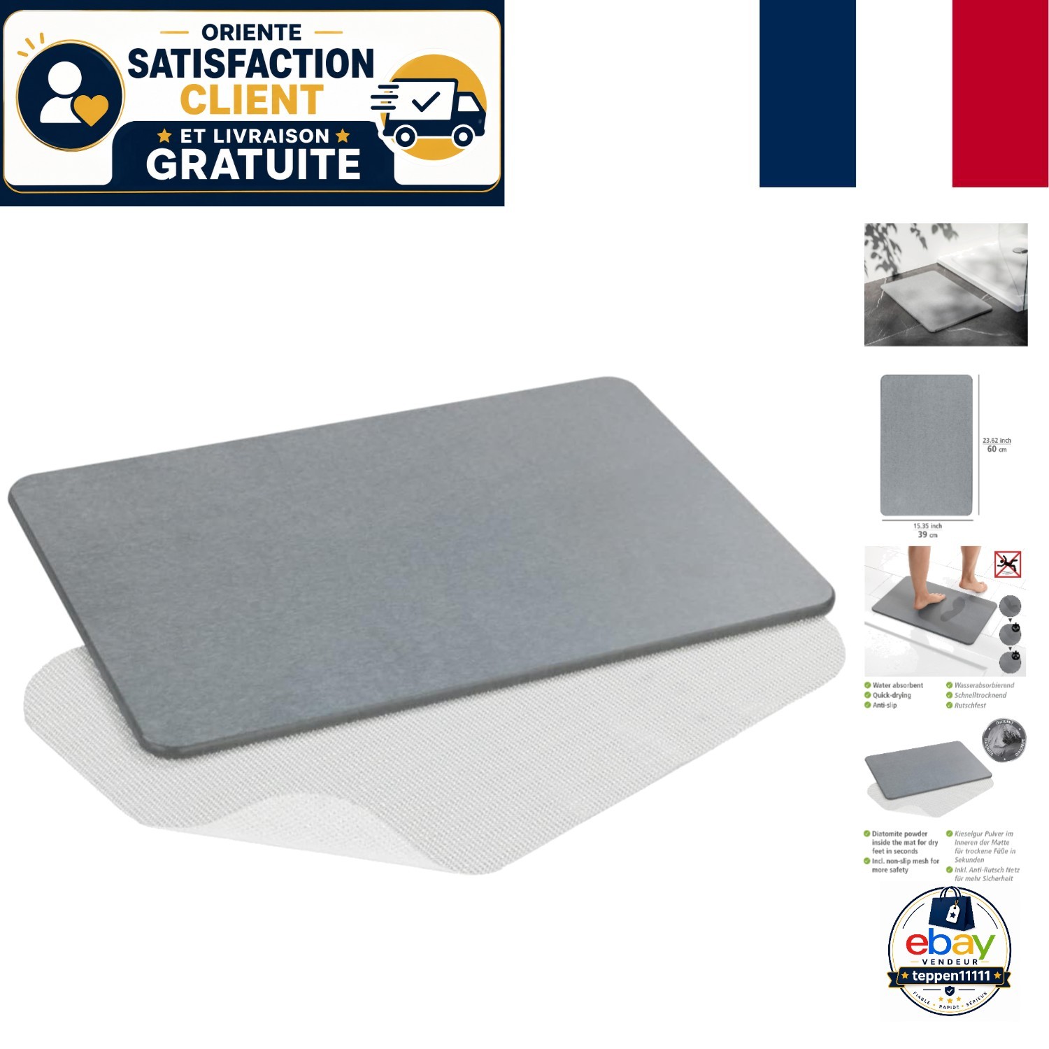 Tapis de bain antidérapant en diatomée grise 60x39 cm pour éviter les sols mouillés