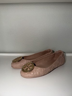 Tory Burch Leather Ballet Flats Baby Pink Beige Gold Logo Quilted Women s Sz 5.5