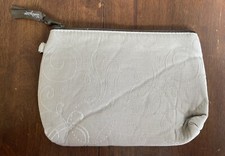 Thirty One Makeup Cosmetic Travel Bag Beige Embroidered Zippered Striped Inside