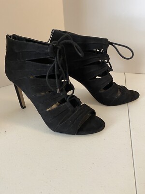 BCBG Black Suede Strappy 4  Heels Open Toe Lace Up Zip Heel sz 9
