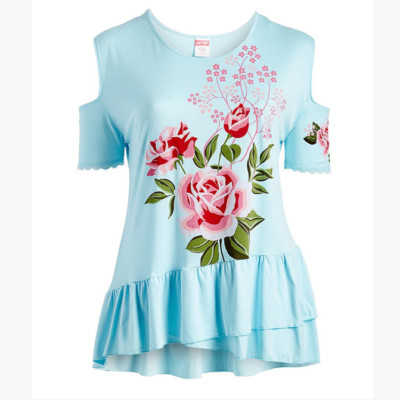 Crush Juniors Cold Shoulder Sleeve Top Light Blue Floral Ruffle Hem Size S - NWT