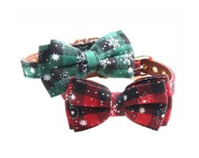 Plaid Dog Cat Leather Collar - Pet Bow tie Removable Snowflake
