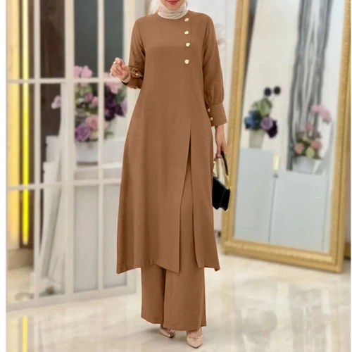 UK Women Front Buttons High Split Long Tops Dress Wide Leg Pants Trousers Suit - Picture 8 of 28